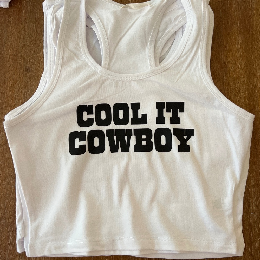 Cool It Cowboy White Tank Top with Black Text